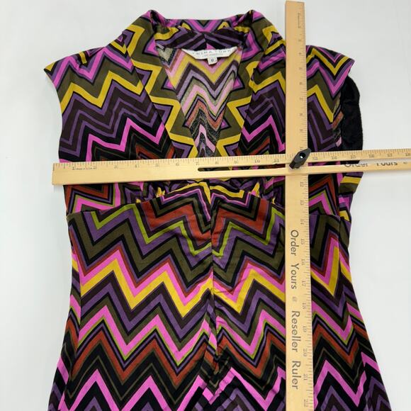 Trina Turk Dress Womens 8 Purple Green Chevron Retro Mini Silk - Picture 5 of 7